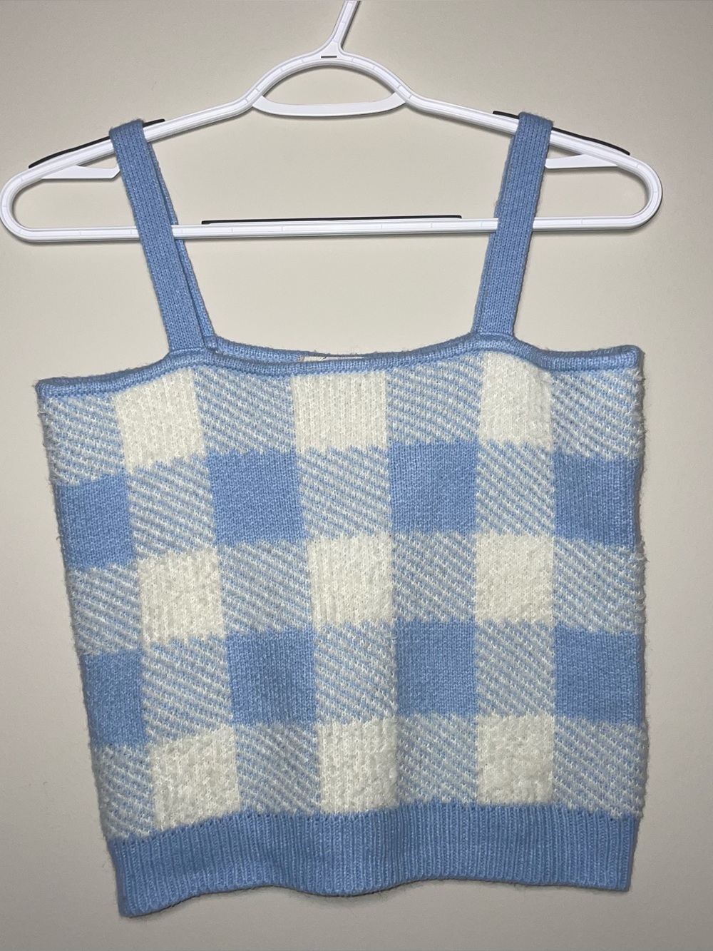 Willow And Wind M Checkerboard Pattern Blue And White Knit Tank Top Fuzzy Soft